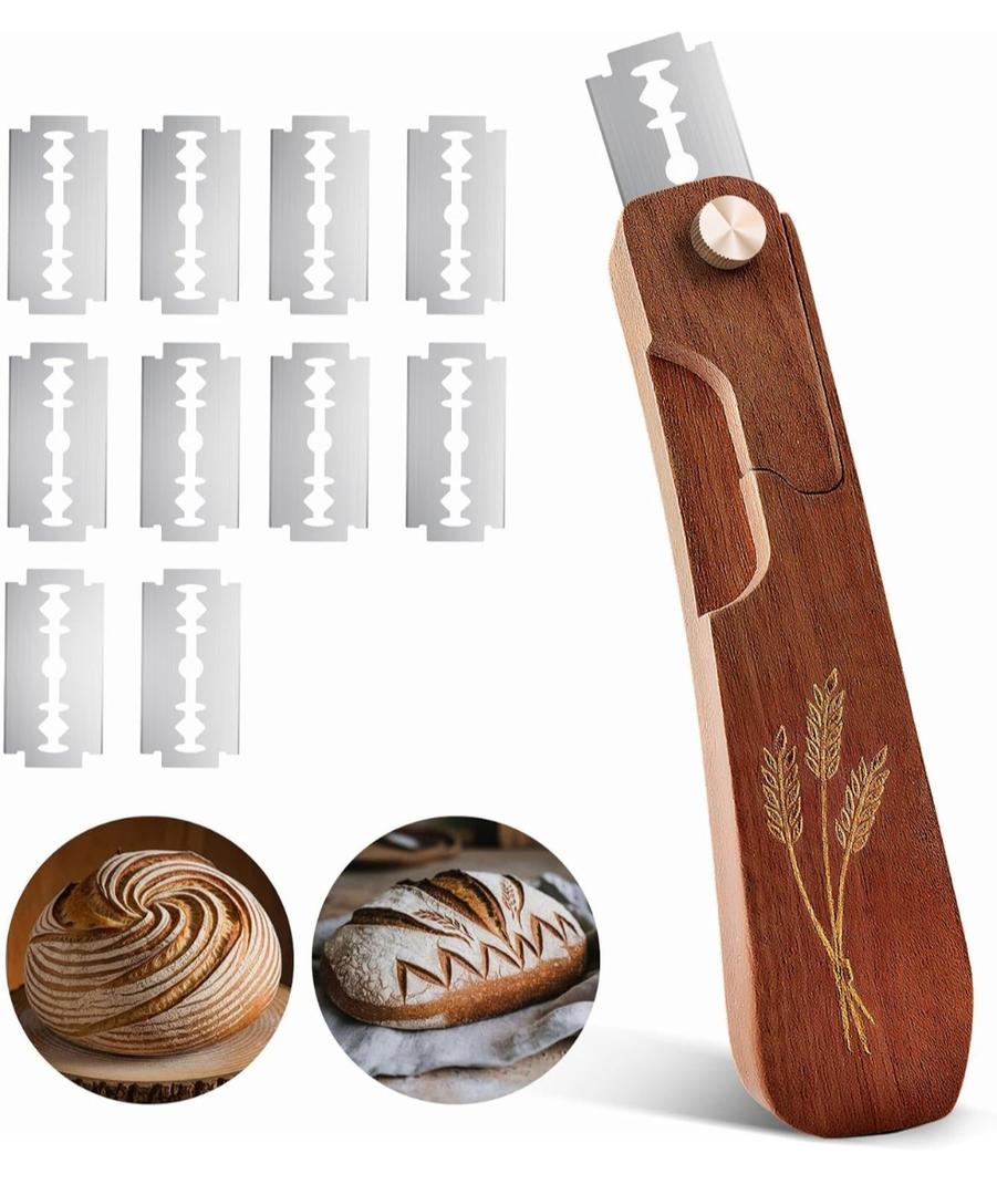 Wooden Bread Lame Dough Scoring Tool, Handcrafted Bread Scoring Tool for Sourdough Bread Baking, Upgraded Sourdough Scoring Tool With Screw Lock & 10 Razor Blades (Reddish Brown)