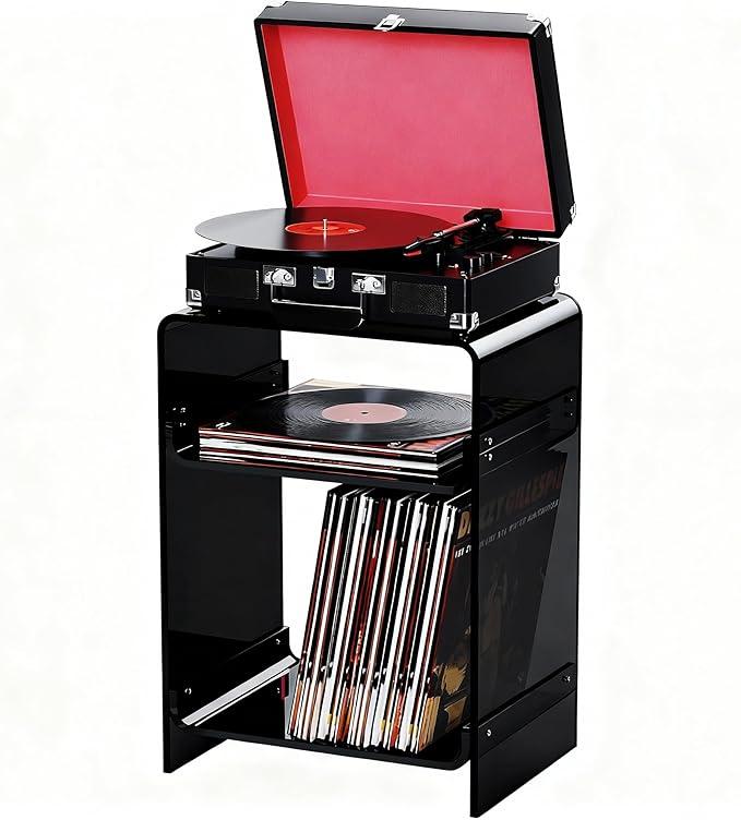 Acrylic Record Player Table with Storage Shelf, Clear Side Table Nightstand (Black, Medium)