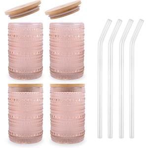 Vintage Drinking Glasses Set of 4 with Bamboo Lids, Textured Clear Striped Ribbed Glassware Set Cocktail Set Beaded Glass Cups Old Fashion Embossed Iced Coffee Cup for Beer, Beverage(16 oz), Rose Gold