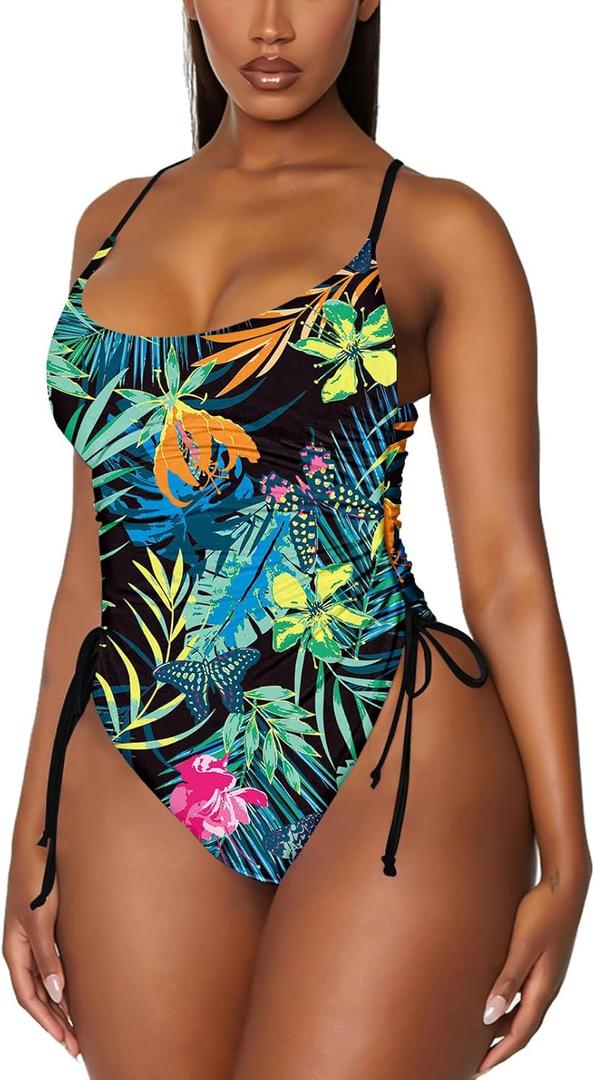 Viottiset Women's Ruched High Cut One Piece Swimsuit Tummy Control Bathing Suit Monokini (Large, Dark Green Plant Printed)