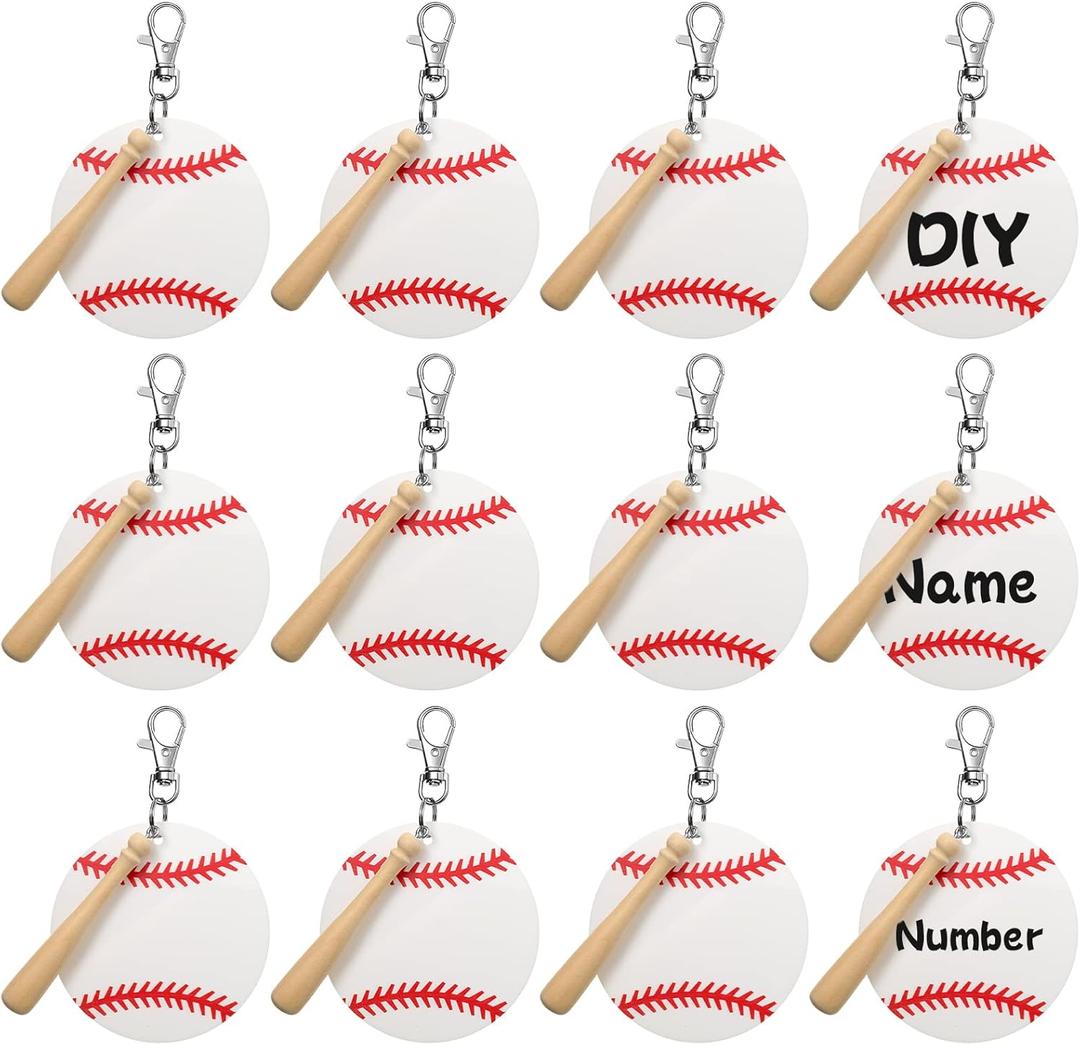 Cunno 36 Pcs Basketball Baseball Softball Tennis Acrylic Keychain Blank Kit 12 Acrylic Keyring 12 Swivel Snap Hook Keychain(White Baseball, 3 Inch)