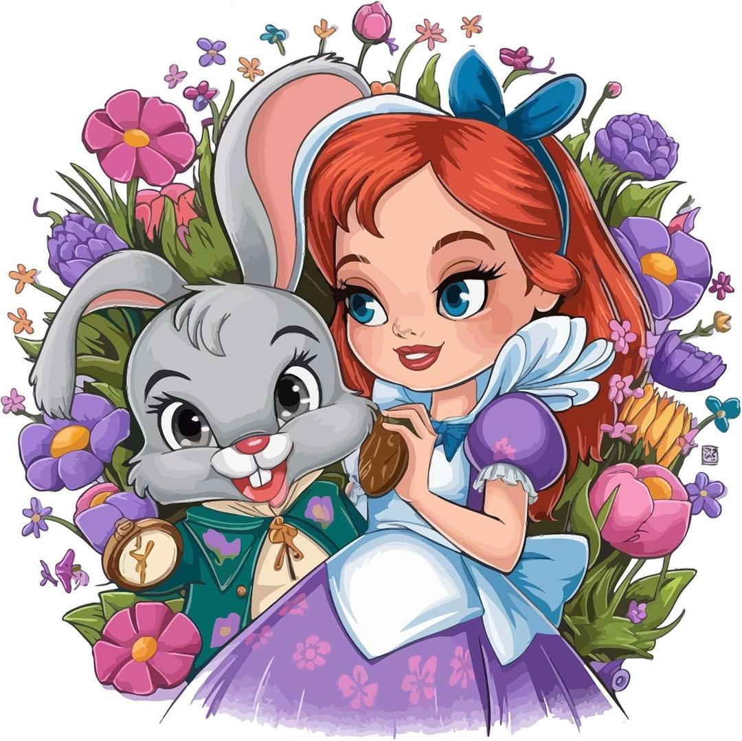 Vibrant Cute Floral Alice and Rabbit Mad Hatter Cheshire Cat Alice in Wonderland Adventurous Creative Minimalist Cartoon Girls Boys Kid Room Design Nursery Fun Home Vinyl Decoration Size (28x28 inch)