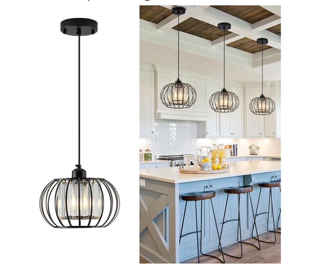 Black Pendant Light Fixture, Farmhouse Hanging Lights with Crystal, Adjustable Mini Kitchen Pendant Light, Modern Industrial Metal Wire Caged Hanging Pendant Lamp for Living Room, Bedroom