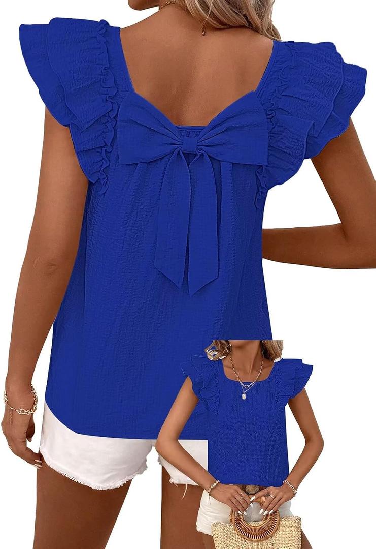 Falechay Womens Bow Tie Back Tops Round Neck Ruffle Short Sleeve Shirts Cute Babydoll Chiffon Tee Women Summer Trendy Tunic (Blue, XL)