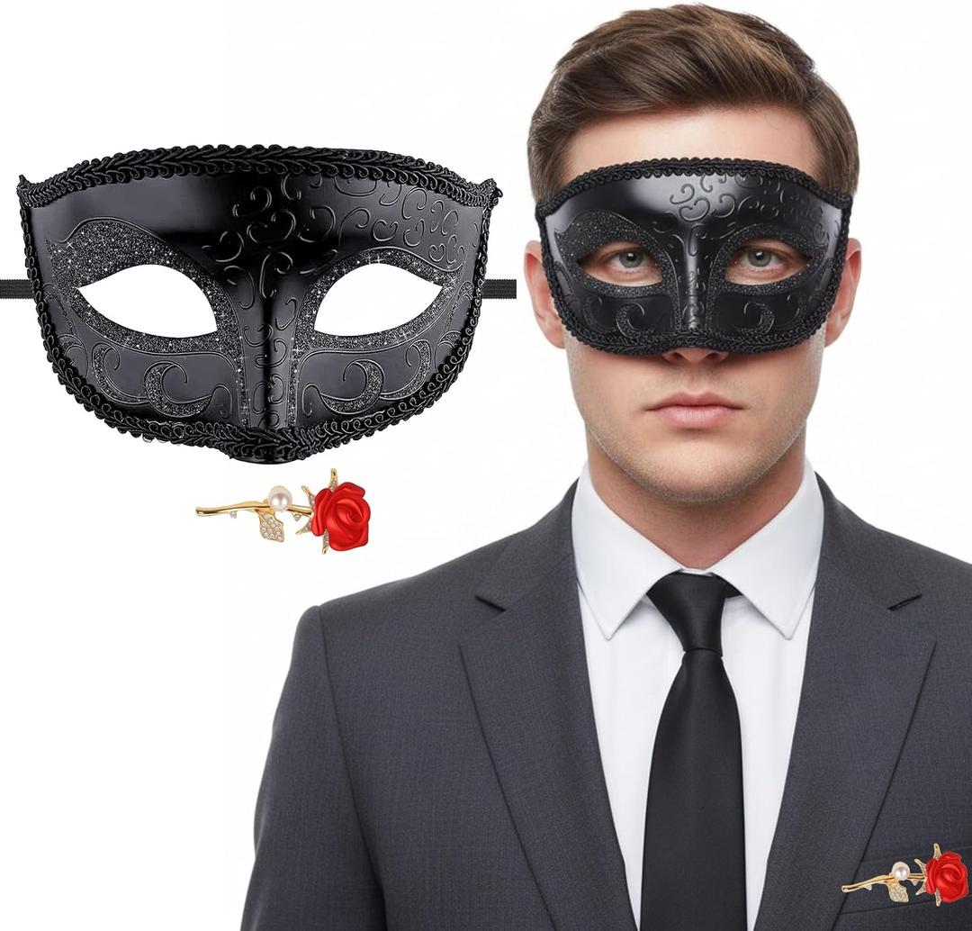 Masquerade Mask for Men with Brooch for Halloween Mardi Gras Party