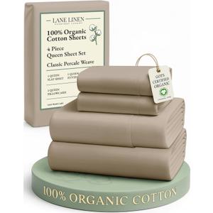 LANE LINEN 100% Organic Cotton Sheets Set Pure Long- Staple Percale Weave - Bedding for Bed Fits Mattress Upto 15" Deep Pocket (Queen Taupe)