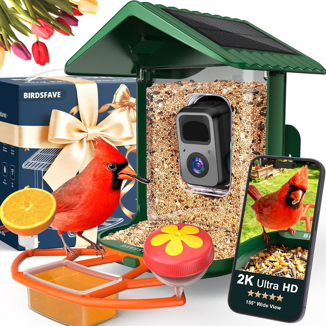 Bird Feeder with Camera Solar Powered, 2K Live Arrival Alert Auto Capture Video with 32GB TF Card, AI Identify Smart Camera Bird Feeder Ourdoor Backyard Gift for Mom Dad Birdlover, 2.4G WiFi