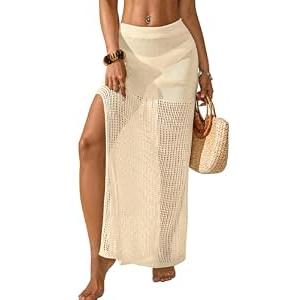 BreathSunny Womens Crochet Knit Elastic Waist Swimsuit Coverup Summer 2026 Trendy Outfits Hollow Out Sheer Side Slit Mesh Swimwear Coverups Beach Swim Bathing Suit Cover Up Maxi Skirt Apricot L