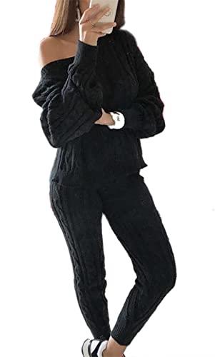 Lucuna Two Piece Outfits for Women Solid Rib Knit Pullover Sweater Tops & Tight Long Pants Warm Fall Outfits, M