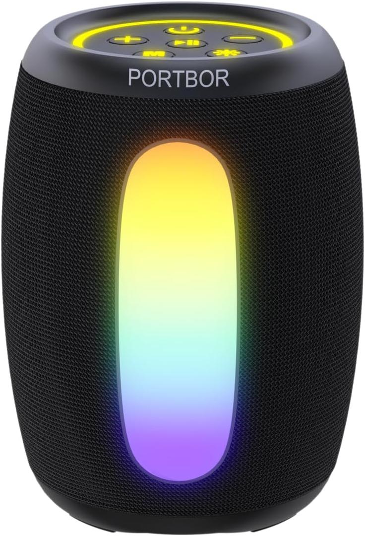 Portable Bluetooth Speaker with Lights, Powerful Sound, IPX5 Waterproof, Wireless BT5.3, TWS Pairing, 15H Playtime, for Outdoor/ Home/ Party/ Beach, Stocking Stuffers, White Elephant Gifts (Black)