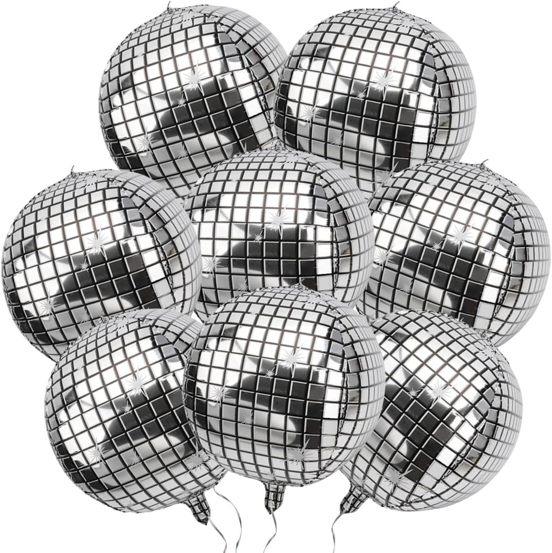 GOER Big Silver Disco Ball Balloons - Pack of 8, Disco Party Decorations | 4D Sphere Balloons for Bachelorette Party | New Year Eve Graduation Decorations