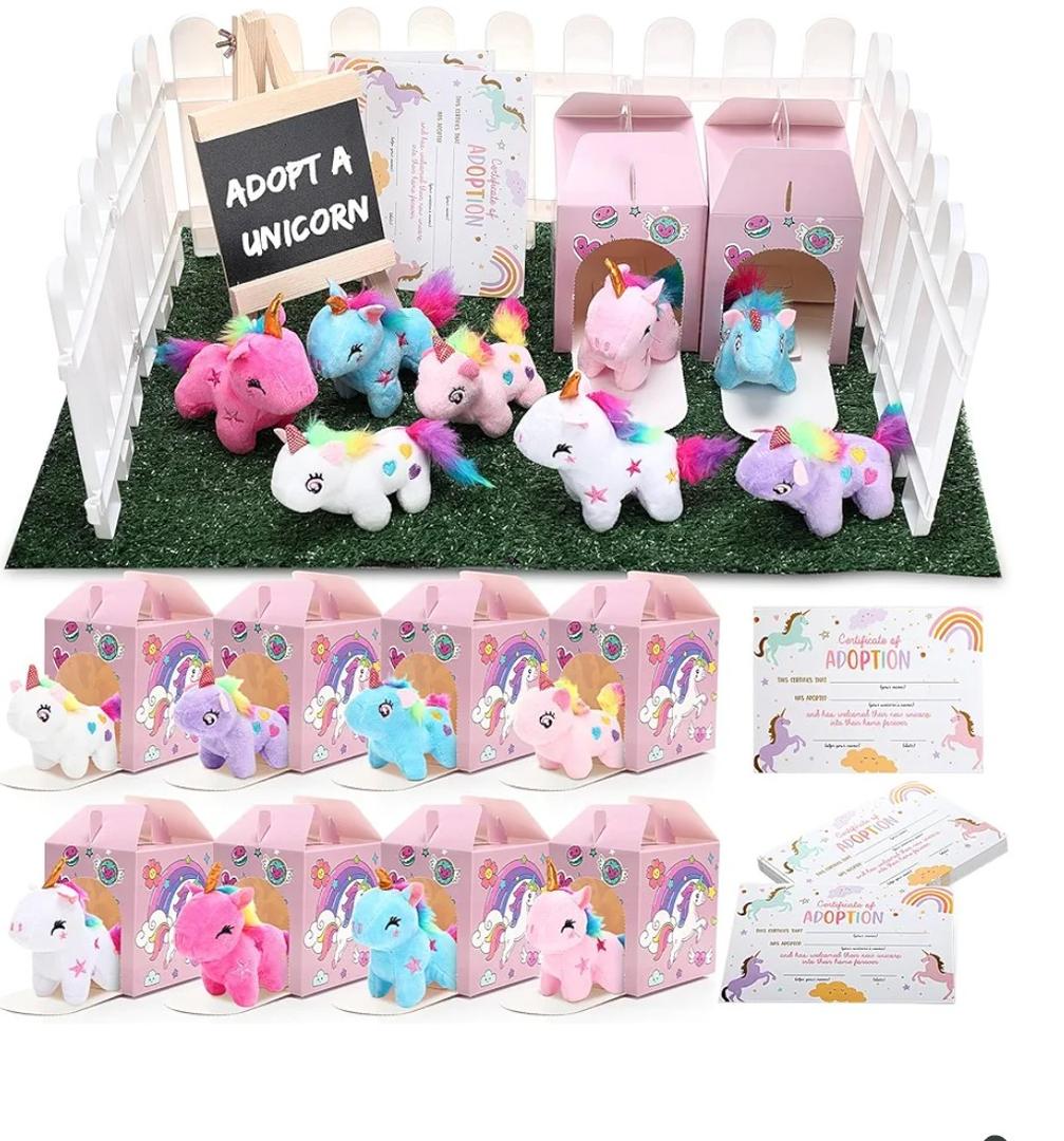 84 Pcs Adopt a Pet Party Supplies 24 Mini Animals 10 White Plastic Fence 24 Paper Gift Boxes 24 Adoption Cards with Mini Chalkboard and Artificial Lawn(Unicorn