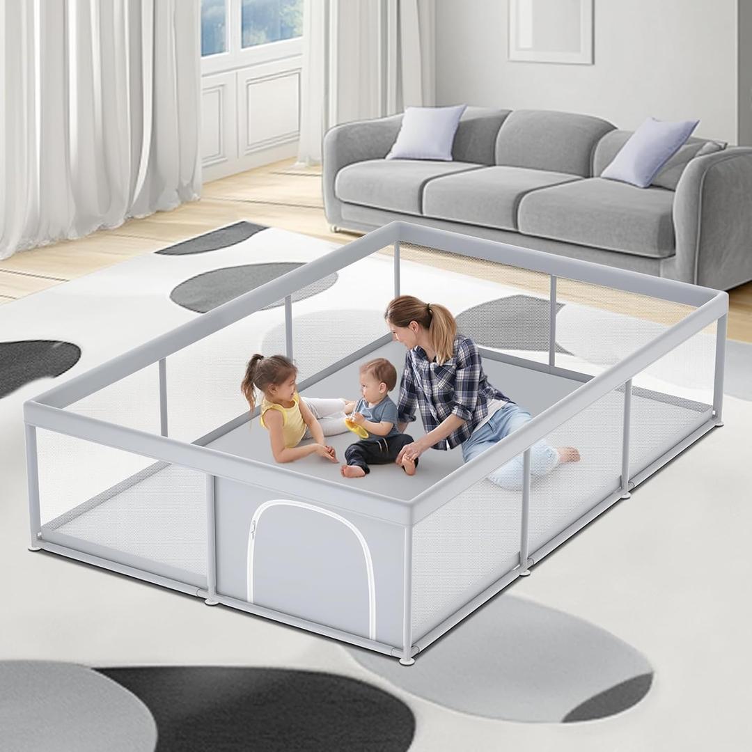 Fshibila 74"50" Large Baby Playpen, Baby Play Pen for Babies and Toddlers, Baby Play Yard for Indoor & Outdoor, Sturdy Safety Playard with Soft Breathable Mesh, Anti-Fall, Grey