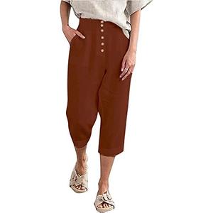 SVALIY Summer Cotton Linen Cropped Wide Leg Pants Capris Women Ladies Casual Loose Palazzo Pant Work Elastic Pocket, S