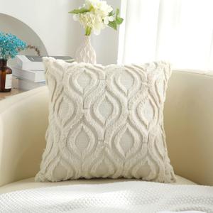 Fall Throw Pillow Covers 18x18 Inch Set of 4, Soft Plush Faux Wool Beige Solid Couch Pillow Covers, Accent Farmhouse Neutral Square Pillow Cases for Sofa Bed Living Room Home Decor, 17x18 inches, Beige, Cream Beige, Khaki, Mustard Yellow