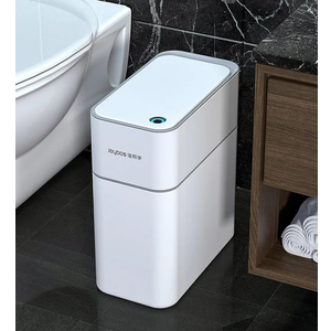 JOYBOS Bathroom Trash Can with Lid, 3.8 Gallon Slim Garbage Can, Small Plastic Trash Bin, Narrow Motion Sensor Trash Can for Bedroom, Rv, Office White