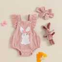Nicoxijia Newborn Baby Girl Easter Outfit Bunny Carrot Embroidery Ruffle Sleeve Romper Bodysuit Jumpsuit with Headband Outfit (Pink, 0-3 Months)