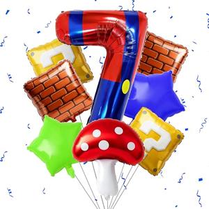 Blue Red Number Balloon Set Birthday Decor, Include 40 Inch Blue Red Number 7 Balloon, Mushroom Foil Balloon, Square and Star Foil Balloons for Birthday Decoration Supplies (Number 7)