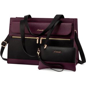 LOVEVOOK Laptop Bag for Women 15.6 Inch Tote Work Professional Leather Computer Briefcase Waterproof Handbag Shoulder Large Capacity Business Teacher Office Crossbody Purse (Black/Purple-1)