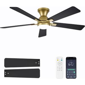 Ceiling Fans with Lights and Remote, 52 Inch Ceiling Fan with Light, Low Profile Reversible Gold Fandelier Ceiling Fan, Dimmable LED, Flush Mount, Quiet DC Motor, for Bedroom Kitchen