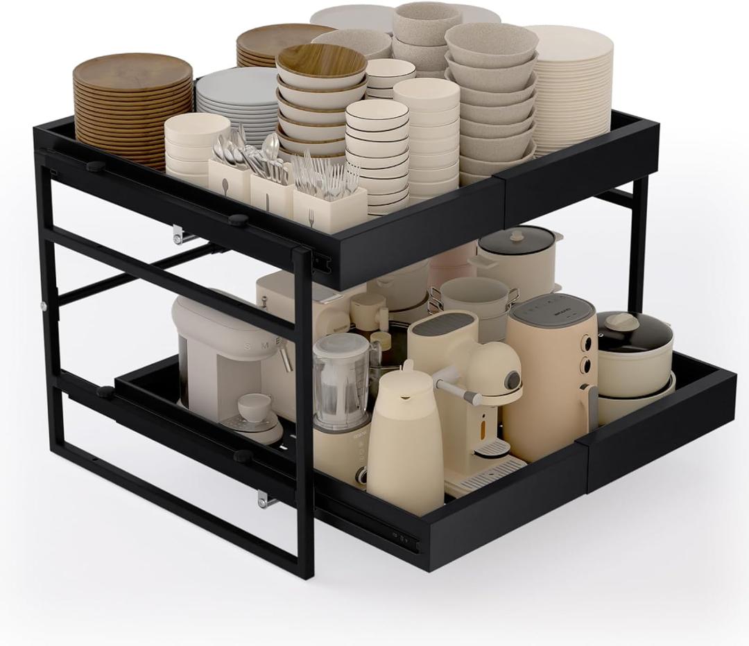 2 Tier 21'' Deep Pull Out Cabinet Organizer Expandable Width (14'' to 23'') Pull Out Drawers for Framed Cabinets, Heavy-Duty Slide Out Organizers and Storage for Kitchen Pantry, Basement, Garage, Black