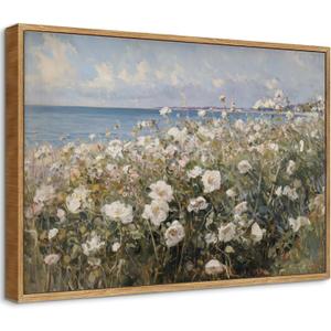 Framed Coastal Wildflower Field Landscape Canvas Wall Art White Daisy Seaside Print Wall Decor Farmhouse Floral Pictures Spring Summer Painting Artwork for Living Room Bedroom Bathroom 24x16 In