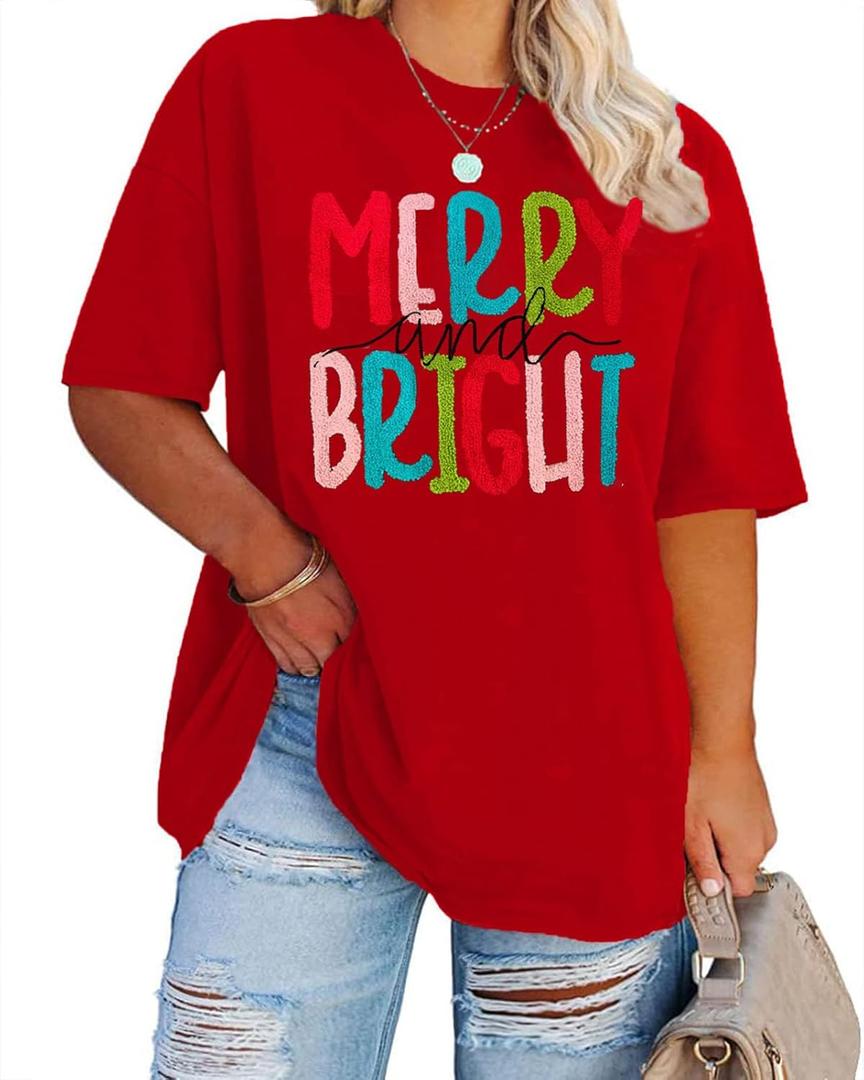 Merry and Bright Plus Size Shirt Women Chenille Patch Christmas Tops Holiday Shirt Women Embroidery Xmas Tee Tops (Red)
