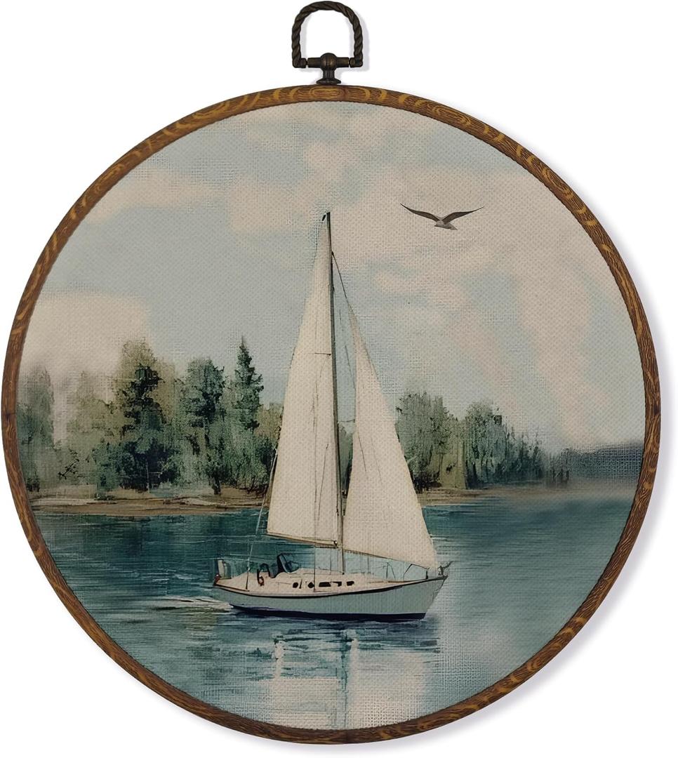 MOTERMATE Vintage Sailboat Nautical Wall Art Decor Round Framed, Coastal Beachy Boat Canvas Wall Art Artwork Prints, Ocean Sail Boat Hanging Decor Decorations for Home Bedroom Bathroom, 10x10 Inch