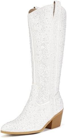 IDIFU IN3 Rhinestone Cowboy Boots For Women Knee High Western Cowgirl Boots Pointed Toe Block Chunky Heels Sparkly Glitter Long Tall Dress Booties Party Bling Shiny Boots, Size 8