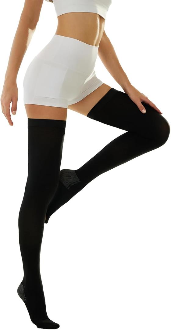 Medical Compression Thigh High Anti Embolism Stockings 15-20mmHg, for Edema, Varicose Veins, Swelling with Inspection Hole, Women & Men (XX-Large, Black)