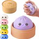 Dumpling Squishy Toy with Bubble Blowing Feature, Squishy Dumpling Stress Relief Toy, Cute Bao Bun Squeeze Toy with Steamer Box, Soft Sensory Fidget Desk Toy Gift (1, Purple)