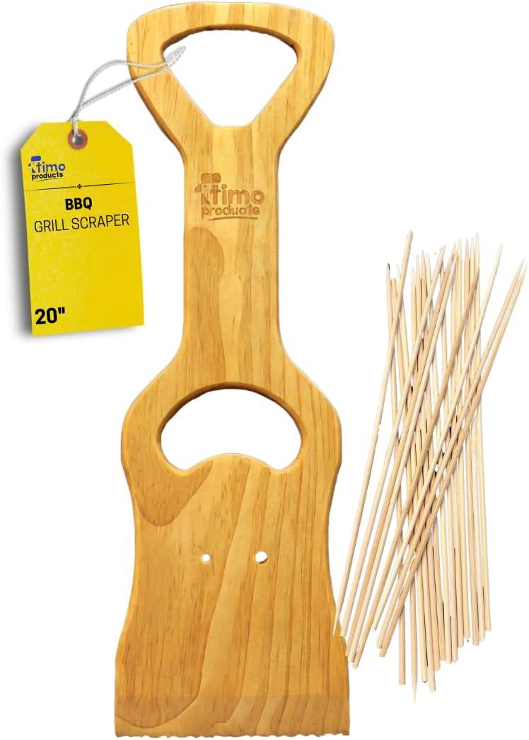 Premium Wood Grill Scraper - Wooden BBQ Grill Scraper, Barbecue Cleaner Tool, Enjoy Safe & Bristle Free Barbecue for Outdoor Grill |Includes 12" Bamboo Skewers (100 Pcs)