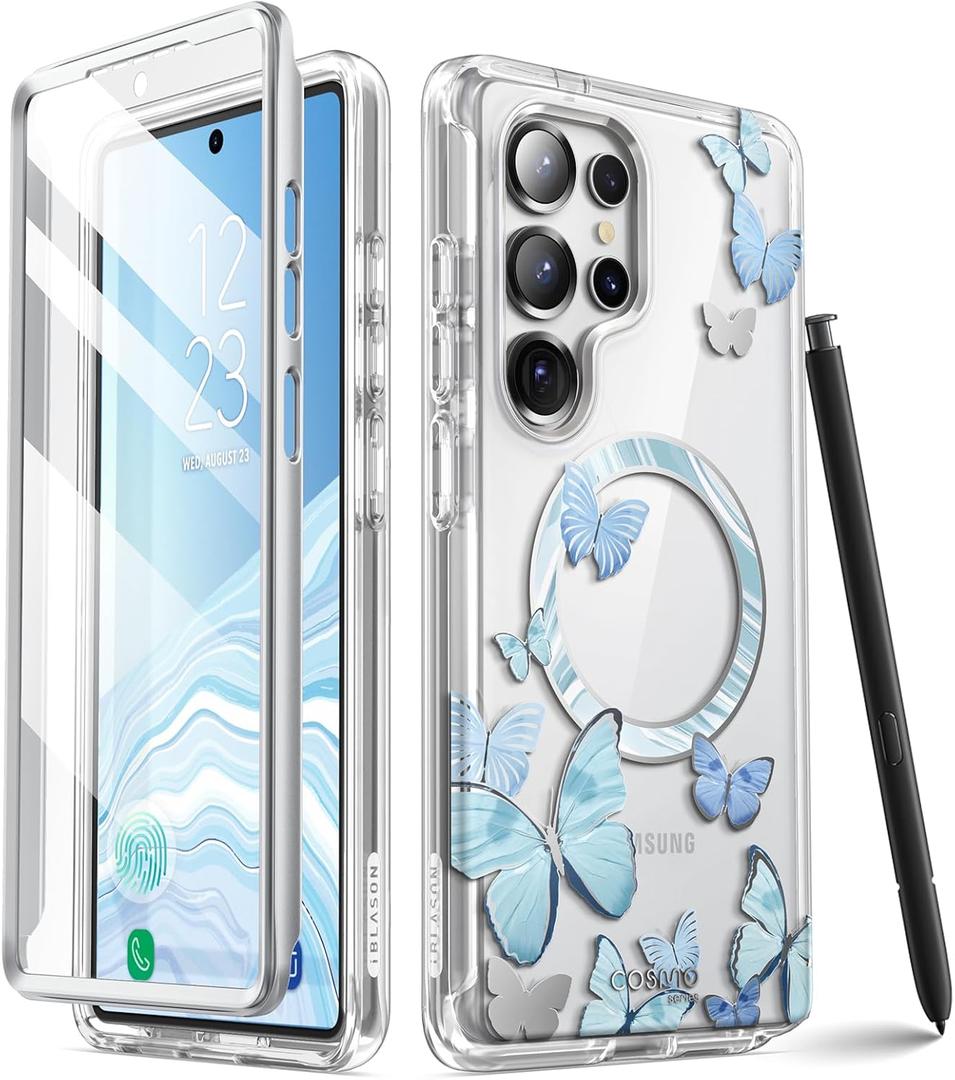 i-Blason for Samsung Galaxy S25 Ultra Case MagSafe with Built-in Screen Protector [Support Fingerprint ID & Wireless Charger] Full-Body Slim Style Magnetic Phone Case for S25 Ultra, BlueFly