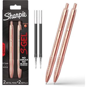 Sharpie S-Gel, Gel Pen, Copper Metal Body, Medium Point (0.7mm), Black Ink, Includes 2 Pens and 2 Additional Ink Refills (2 Count (Pack of 1))