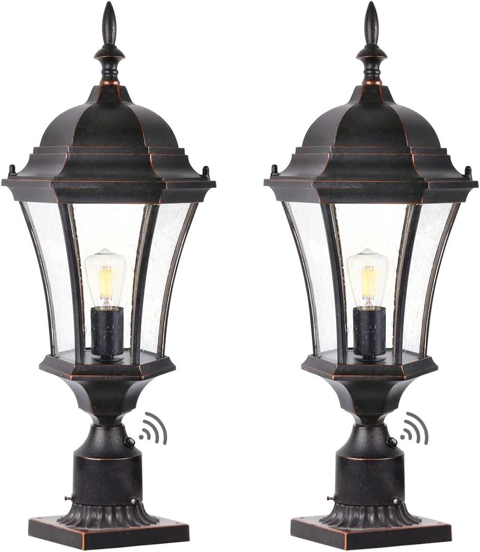 Dusk to Dawn Post Light, 24" High Outdoor Lamp Post Light Fixture with Pier Mount for Porch, Large Exterior Waterproof Post Lantern with Seeded Glass, 2 Pack, LMMS4610-M-2P (Bronze)