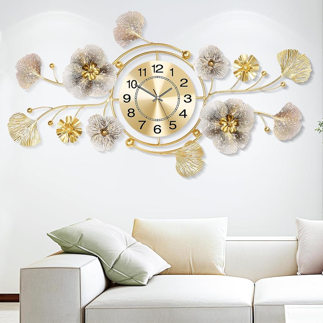 Wall Clock, Clocks for Living Room, Silent Wall Clock Decorative, 3D Retro Metal Ginkgo Leaf Design, for Office Bedroom Kitchen Clock(33''x18'')