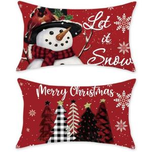 TAJWE Christmas Pillow Covers 12x20 Set of 2 Let it Snow Snowman Christmas Trees Xmas Throw Lumbar Cushion Cases for Couch Sofa Home Decorations (Red)