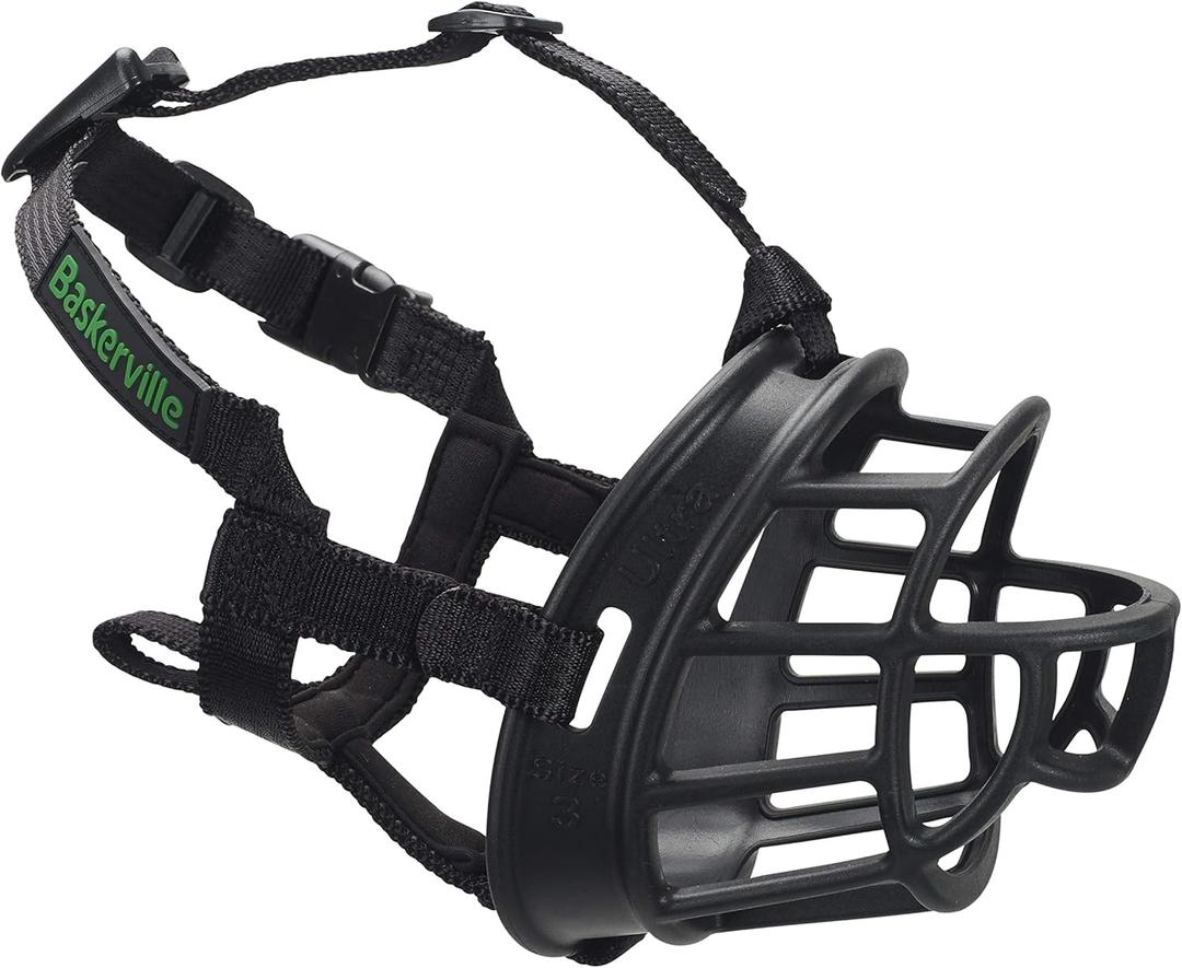 BASKERVILLE ULTRA MUZZLE - Patented Humane Design, Breathable, Dog can Pant and Drink, Adjustable, Padded, Dog Training Muzzle for Large Dogs, Prevents Biting, Wildlife Scavenging (Size 6, Black) (6, Black)