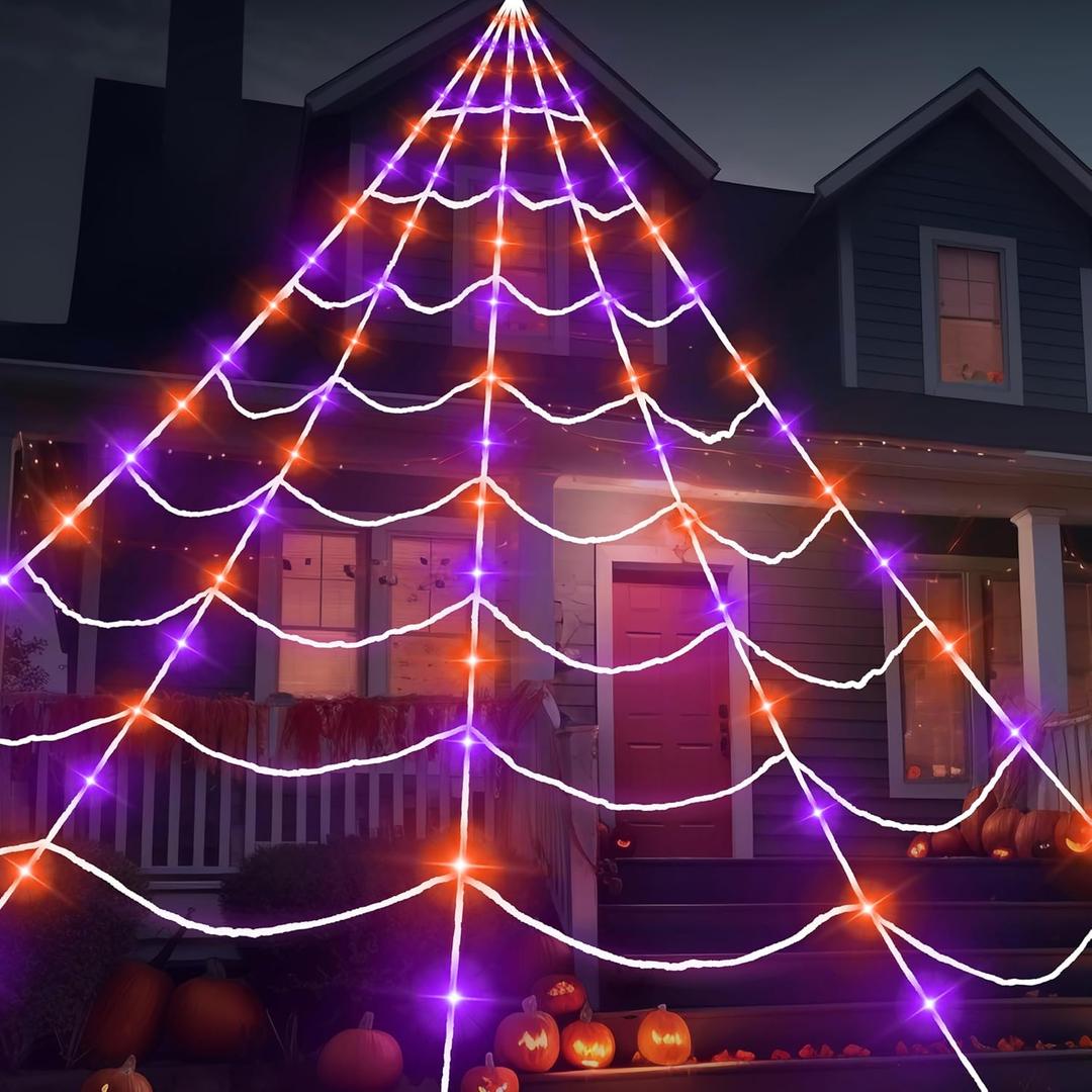 JOYIN Light-up Halloween Spider Web Decoration Outdoor, 17.4 x 16.4 FT Giant Triangular Web with LED Lights, Timer Cobweb Decor with 8 Lighting Modes for Indoor Yard Porch Haunted House Prop