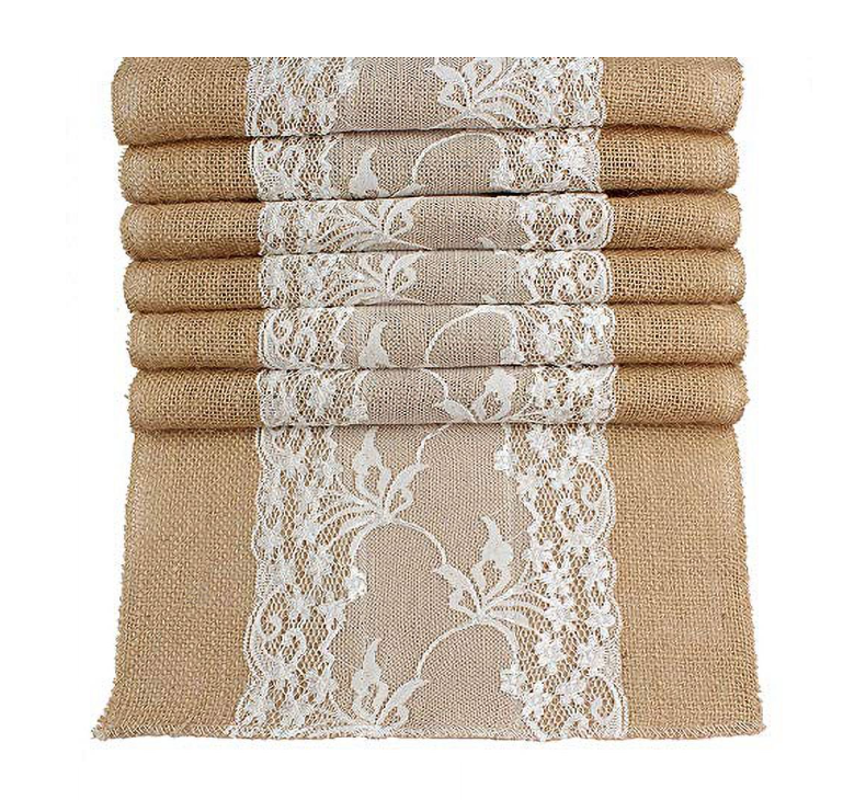 Fymlhomi 108x12-Inch Table Runner Burlap Lace - Table Runner Modern Farmhouse -Linen Burlap Table Runner - Table Runner White Lace Jute Christmas - Burlap Lace Table Runners for Weddings