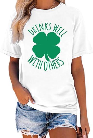 St Patricks Day Shirt Women Drinks Well with Others Graphic Shamrock Shirts Irish Day T-Shirt Casual Short Sleeve Tee Tops, S, White