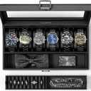 Vlando 6-Slot Watch Case for Men, Watch Box with Glass Lid, Storage for Rings, Keys, Business Textured Leather Organizer Display Case, Soft Pillow, Gifts for Fathers, Dad, Husband - Black