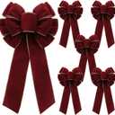 6 Pcs Burgundy Bows 8" x 16" for Christmas Tree, Large Christmas Velvet Bows with Gold Border Waterproof Indoor Outdoor Xmas Tree Elegance Craft for Garland Swags Lantern Outdoor Craft Decor