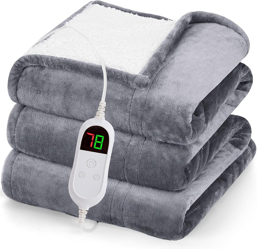 greenoak Heated Blanket Electric Twin 62"X84", Heating Blanket with 10 Heat Levels 1/2/4/6/8 Hours Auto-Off, Fleece Soft Christmas Blanket,Gifts for Grandma Seniors Mom,Misty Grey