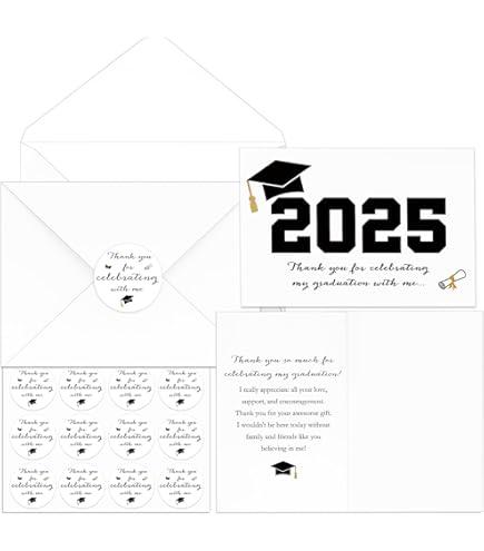 50 Sets 2025 Graduation Thank You Cards with Envelopes and Stickers 2025 Graduation Thank You Notes College Greeting Card for Guest Family Teacher Classmate(Black)