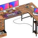 Huuger 63 Inch L Shaped Desk with Fabric Drawers, Computer Office Desk with Power Outlets and USB-C Port, Corner Desk with Storage Shelves, for Gaming Work Study Home Office, Reversible, Rustic Brown