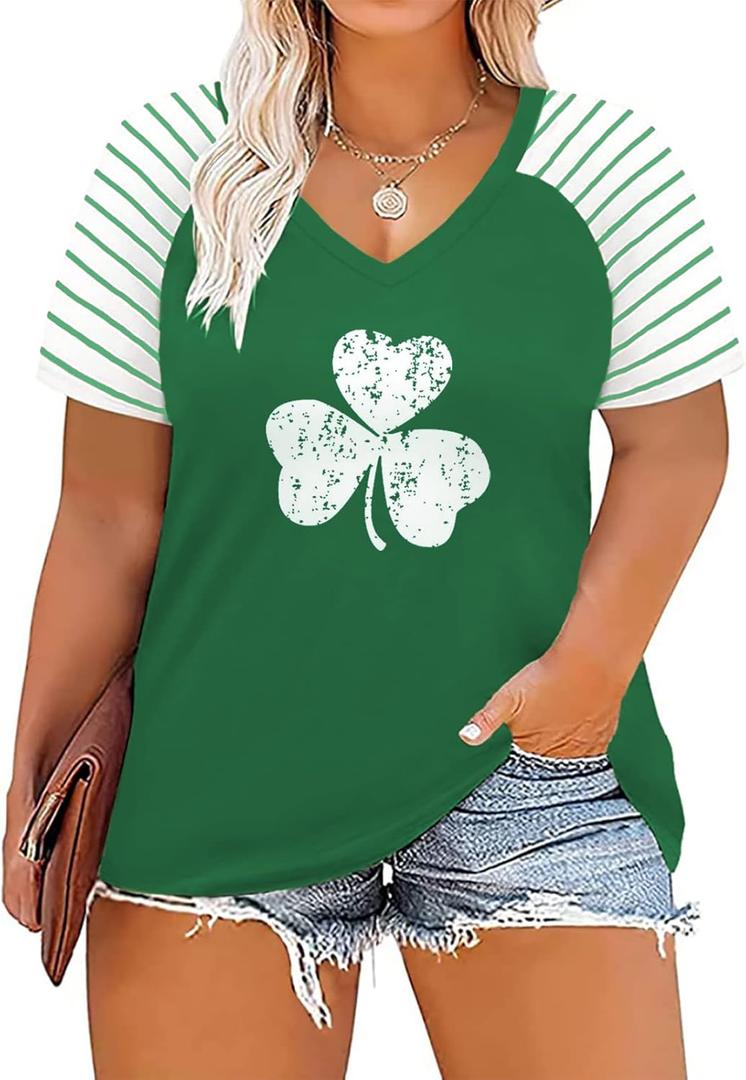 VISLILY Women's-Plus-Size-Tops V Neck Striped Raglan T Shirts Summer Short Sleeve Tee (Green, XL)