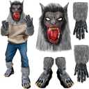 Ramede 3 Pcs Halloween Werewolf Costume Adult Wolf Head Mask Claws Gloves Werewolf Shoe Covers for Men Women Unisex Adult Dress up Cosplay Party Gifts