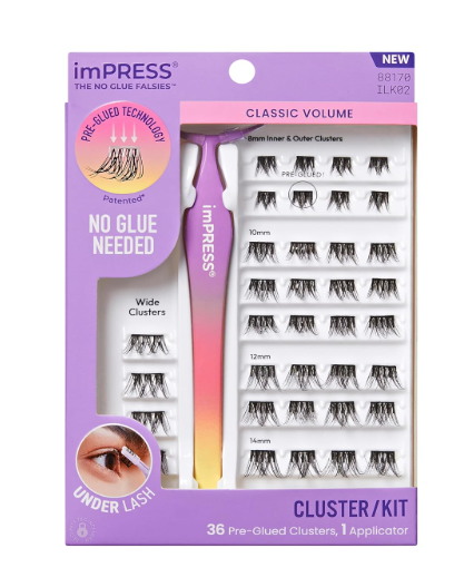 KISS imPRESS Falsies Self Adhesive Eyelashes, Press On Lashes, 12mm14mm Glam Volume Lashes, Black, No Glue Needed, Invisible Band, 36 Lash Clusters & NonStick Applicator  Voluminous