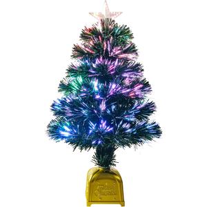 24 Inch Green Pre-Lit Fiber Optic Christmas Tree,Tabletop Artificial mini Xmas Tree with Gold Base Pot, Stars for Holiday Home Decorations